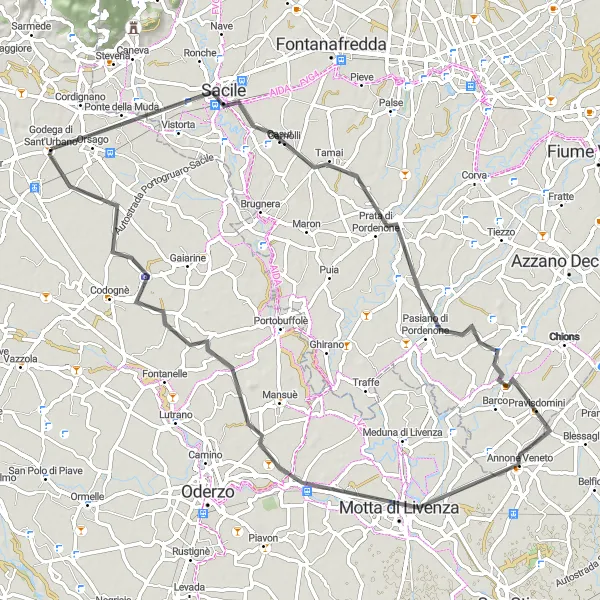 Miniatua del mapa de inspiración ciclista "Ruta de ciclismo por carretera cerca de Godega" en Veneto, Italy. Generado por Tarmacs.app planificador de rutas ciclistas