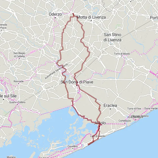 Miniaturní mapa "Gravel cyklistická trasa kolem Gorgo al Monticano 2" inspirace pro cyklisty v oblasti Veneto, Italy. Vytvořeno pomocí plánovače tras Tarmacs.app