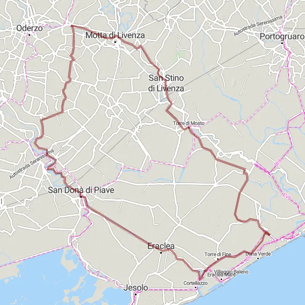 Miniaturní mapa "Gravel cyklistická trasa kolem Gorgo al Monticano" inspirace pro cyklisty v oblasti Veneto, Italy. Vytvořeno pomocí plánovače tras Tarmacs.app