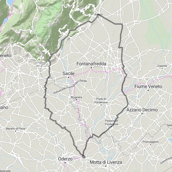 Mapa miniatúra "Okruh Gorgo al Monticano - Belvedere" cyklistická inšpirácia v Veneto, Italy. Vygenerované cyklistickým plánovačom trás Tarmacs.app