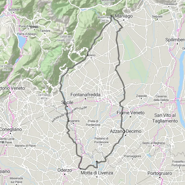 Map miniature of "Road Cycling Adventure through Col del Rust and Meduna di Livenza" cycling inspiration in Veneto, Italy. Generated by Tarmacs.app cycling route planner