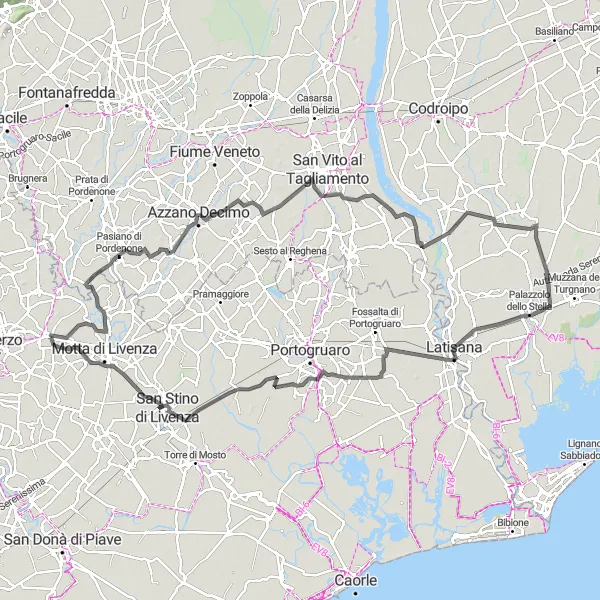 Zemljevid v pomanjšavi "Vožnja med zelenimi oazami blizu Gorgo al Monticano" kolesarske inspiracije v Veneto, Italy. Generirano z načrtovalcem kolesarskih poti Tarmacs.app