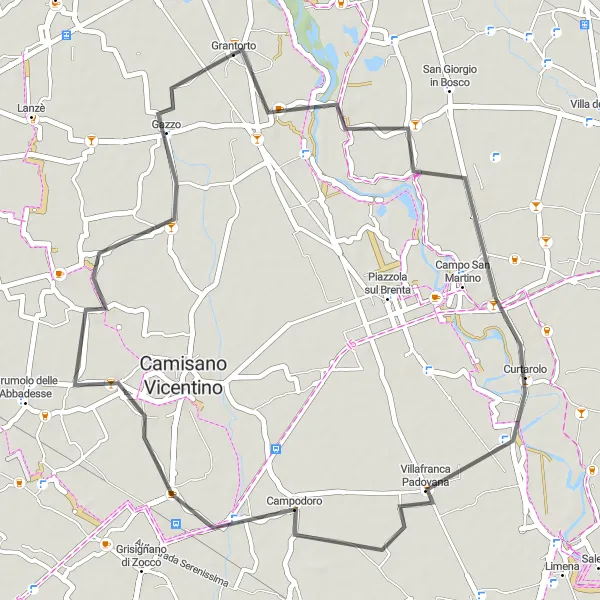 Miniatura della mappa di ispirazione al ciclismo "Itinerario stradale tra Grantorto e Rampazzo" nella regione di Veneto, Italy. Generata da Tarmacs.app, pianificatore di rotte ciclistiche