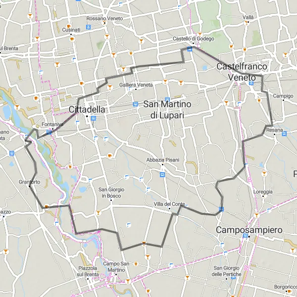Miniature de la carte de l'inspiration cycliste "Boucle autour de Grantorto et Castello di Godego" dans la Veneto, Italy. Générée par le planificateur d'itinéraire cycliste Tarmacs.app