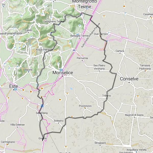 Miniatua del mapa de inspiración ciclista "Ruta de Granze a Solesino" en Veneto, Italy. Generado por Tarmacs.app planificador de rutas ciclistas