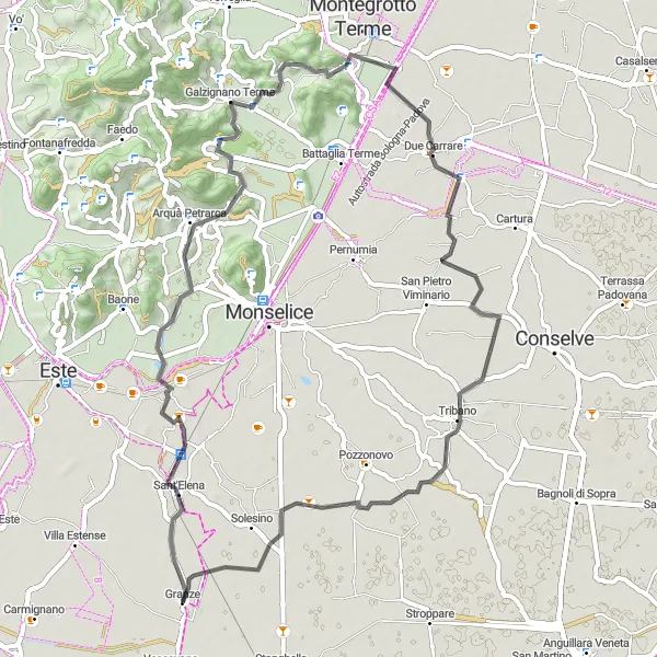 Map miniature of "Scenic Road Cycling around Granze" cycling inspiration in Veneto, Italy. Generated by Tarmacs.app cycling route planner