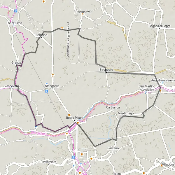 Kartminiatyr av "Landevei sykkeltur til Mardimago" sykkelinspirasjon i Veneto, Italy. Generert av Tarmacs.app sykkelrutoplanlegger