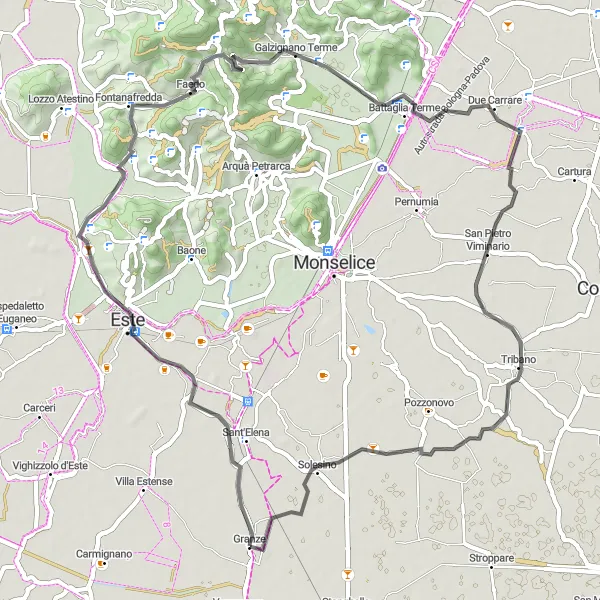 Map miniature of "Thrilling Cycling Adventure Near Granze" cycling inspiration in Veneto, Italy. Generated by Tarmacs.app cycling route planner