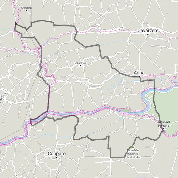 Miniatua del mapa de inspiración ciclista "Ruta extensa desde Granze a Guarda Veneta" en Veneto, Italy. Generado por Tarmacs.app planificador de rutas ciclistas
