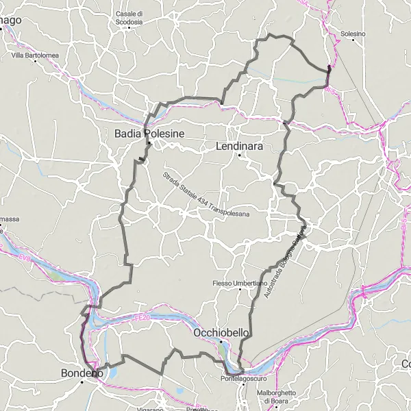 Miniatua del mapa de inspiración ciclista "Ruta de ciclismo de carretera cerca de Granze" en Veneto, Italy. Generado por Tarmacs.app planificador de rutas ciclistas