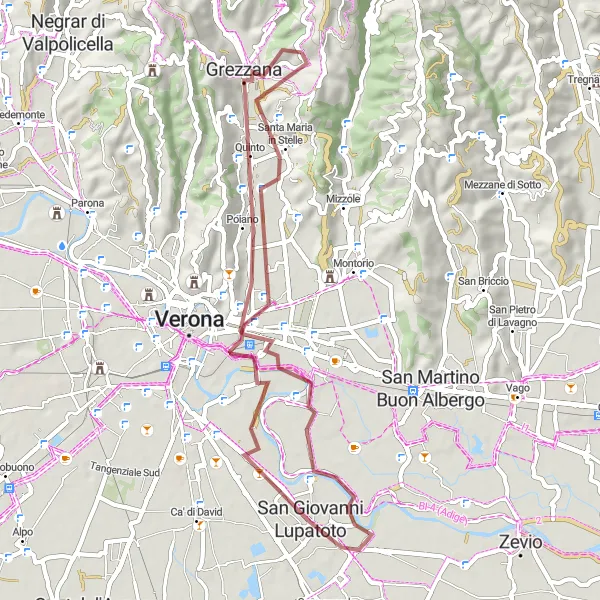 Miniatura della mappa di ispirazione al ciclismo "Esplorazione in Gravel tra Grezzana e San Giovanni Lupatoto" nella regione di Veneto, Italy. Generata da Tarmacs.app, pianificatore di rotte ciclistiche