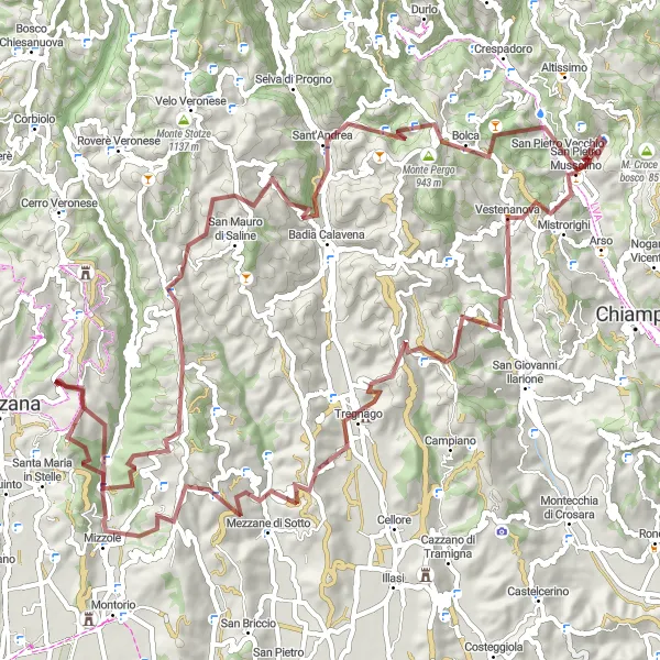 Miniatua del mapa de inspiración ciclista "Ruta de ciclismo de grava desde Grezzana" en Veneto, Italy. Generado por Tarmacs.app planificador de rutas ciclistas