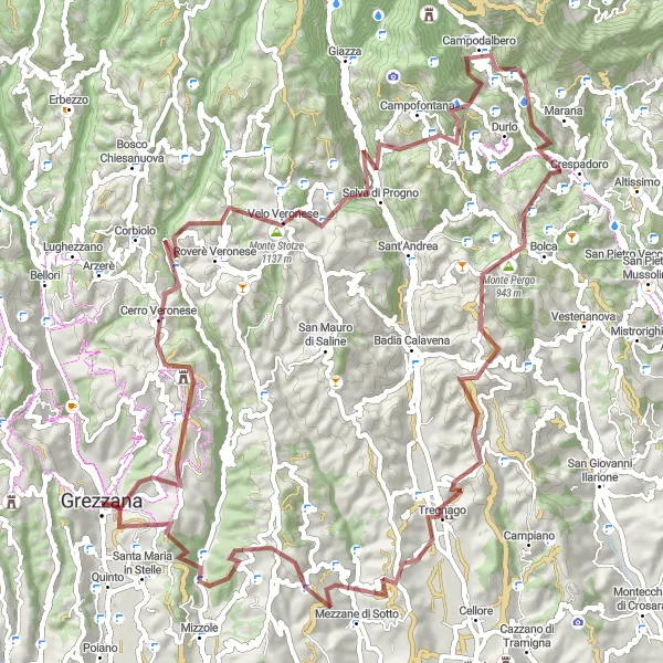 Miniaturní mapa "Gravelová trasa kolem Grezzany" inspirace pro cyklisty v oblasti Veneto, Italy. Vytvořeno pomocí plánovače tras Tarmacs.app