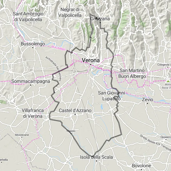 Karttaminiaatyyri "Grezzana - Montecchio - Grezzana" pyöräilyinspiraatiosta alueella Veneto, Italy. Luotu Tarmacs.app pyöräilyreittisuunnittelijalla