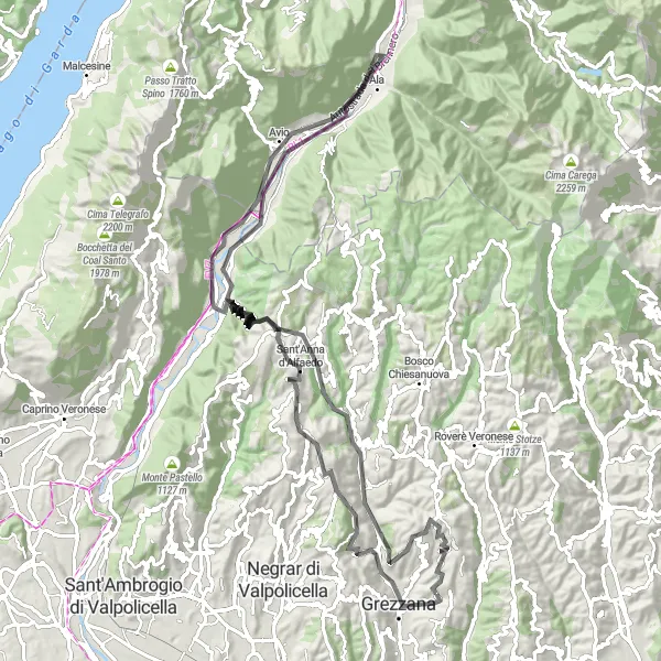 Miniature de la carte de l'inspiration cycliste "Boucle de Grezzana jusqu'à Avio et Lugo" dans la Veneto, Italy. Générée par le planificateur d'itinéraire cycliste Tarmacs.app