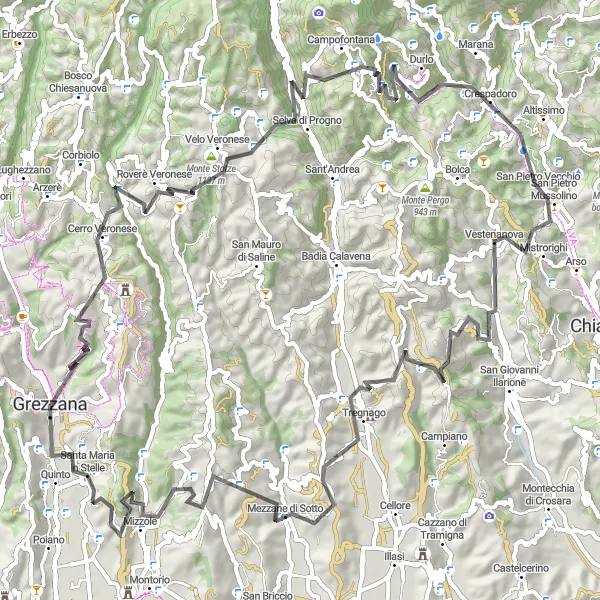 Mapa miniatúra "Významná cyklotrasa s dvoma náročnými stúpaniami" cyklistická inšpirácia v Veneto, Italy. Vygenerované cyklistickým plánovačom trás Tarmacs.app