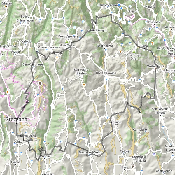 Mapa miniatúra "Dolina Montee delle Site" cyklistická inšpirácia v Veneto, Italy. Vygenerované cyklistickým plánovačom trás Tarmacs.app