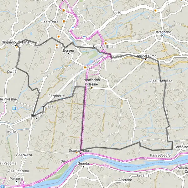 Mapa miniatúra "Krátka cyklo trasa z Grignano Polesine" cyklistická inšpirácia v Veneto, Italy. Vygenerované cyklistickým plánovačom trás Tarmacs.app