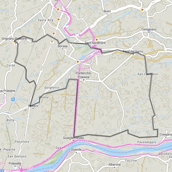 Zemljevid v pomanjšavi "Kolesarska pot okoli Grignana Polesine - Sant'Apollinare" kolesarske inspiracije v Veneto, Italy. Generirano z načrtovalcem kolesarskih poti Tarmacs.app