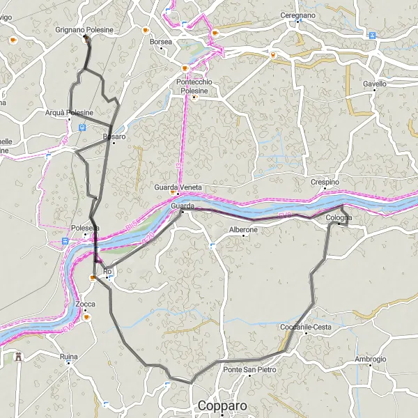 Map miniature of "The Rovigo Loop" cycling inspiration in Veneto, Italy. Generated by Tarmacs.app cycling route planner
