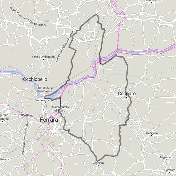 Kartminiatyr av "Rundtur fra Grignano Polesine" sykkelinspirasjon i Veneto, Italy. Generert av Tarmacs.app sykkelrutoplanlegger