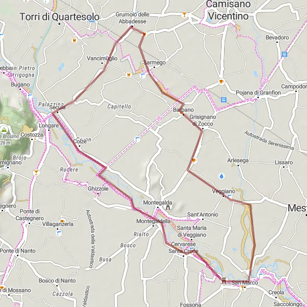 Kartminiatyr av "Veggiano til Grumolo delle Abbadesse grusvei" sykkelinspirasjon i Veneto, Italy. Generert av Tarmacs.app sykkelrutoplanlegger