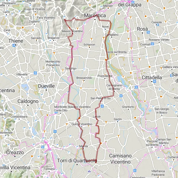 Miniatua del mapa de inspiración ciclista "Ruta de ciclismo de grava Grumolo delle Abbadesse - Grumolo delle Abbadesse" en Veneto, Italy. Generado por Tarmacs.app planificador de rutas ciclistas