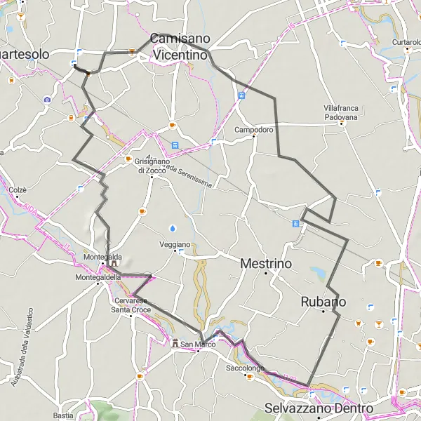 Miniaturní mapa "Cyklistická trasa Saccolongo" inspirace pro cyklisty v oblasti Veneto, Italy. Vytvořeno pomocí plánovače tras Tarmacs.app