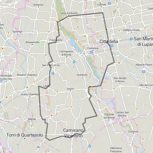 Map miniature of "Historical Journey to Tezze sul Brenta" cycling inspiration in Veneto, Italy. Generated by Tarmacs.app cycling route planner