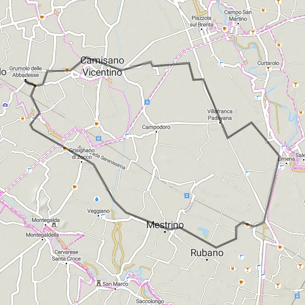 Miniatua del mapa de inspiración ciclista "Ruta escénica de 45 km cerca de Grumolo delle Abbadesse" en Veneto, Italy. Generado por Tarmacs.app planificador de rutas ciclistas