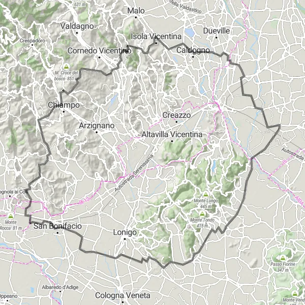 Zemljevid v pomanjšavi "Potovanje okoli Grumolo delle Abbadesse" kolesarske inspiracije v Veneto, Italy. Generirano z načrtovalcem kolesarskih poti Tarmacs.app