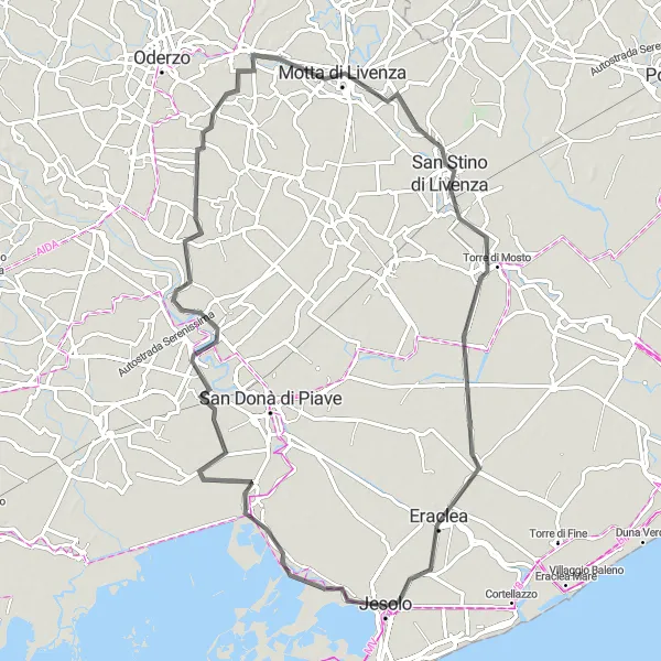 Map miniature of "The Piave Valley Trail" cycling inspiration in Veneto, Italy. Generated by Tarmacs.app cycling route planner