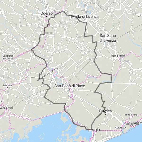 Map miniature of "Jesolo-Ponte di Piave Ride" cycling inspiration in Veneto, Italy. Generated by Tarmacs.app cycling route planner