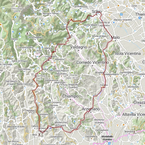 Kartminiatyr av "Gruskörning runt Illasi och Veneto" cykelinspiration i Veneto, Italy. Genererad av Tarmacs.app cykelruttplanerare