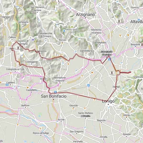 Miniatuurkaart van de fietsinspiratie "Gravelavontuur van Illasi naar Soave" in Veneto, Italy. Gemaakt door de Tarmacs.app fietsrouteplanner