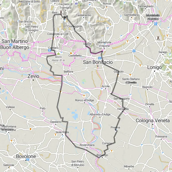 Miniatua del mapa de inspiración ciclista "Recorrido Escénico Illasi-Colognola ai Colli" en Veneto, Italy. Generado por Tarmacs.app planificador de rutas ciclistas