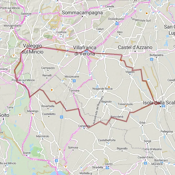 Miniatua del mapa de inspiración ciclista "Ruta de grava a Isola della Scala" en Veneto, Italy. Generado por Tarmacs.app planificador de rutas ciclistas