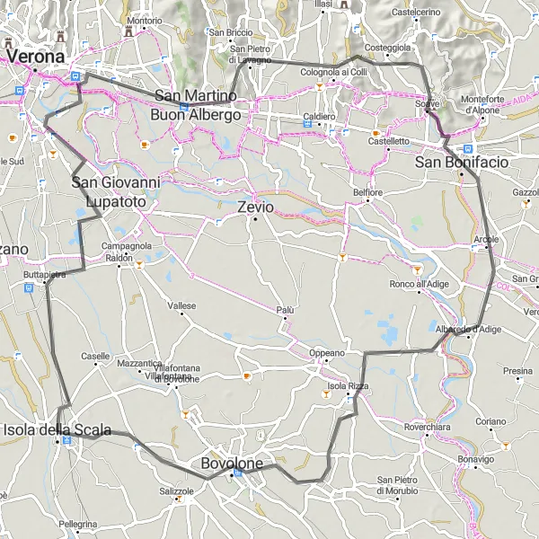 Kartminiatyr av "Isola della Scala - San Bonifacio Road Trip" sykkelinspirasjon i Veneto, Italy. Generert av Tarmacs.app sykkelrutoplanlegger