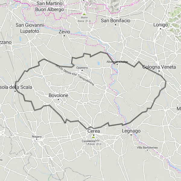 Miniatura della mappa di ispirazione al ciclismo "Escursione in bicicletta verso Albaredo d'Adige" nella regione di Veneto, Italy. Generata da Tarmacs.app, pianificatore di rotte ciclistiche