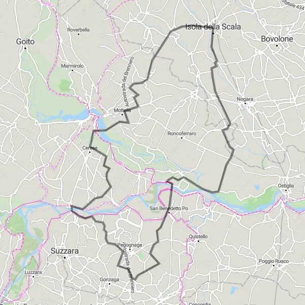 Miniature de la carte de l'inspiration cycliste "Parcours des Borghi du Mincio" dans la Veneto, Italy. Générée par le planificateur d'itinéraire cycliste Tarmacs.app