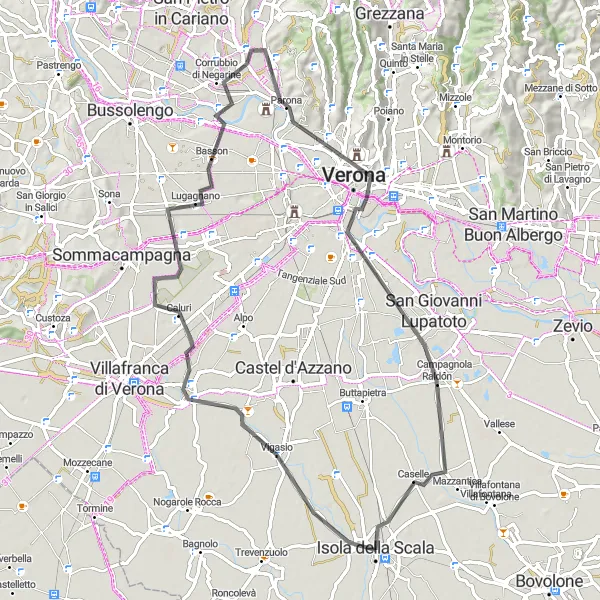 Miniatura della mappa di ispirazione al ciclismo "Itinerario cicloturistico tra Povegliano Veronese e Verona" nella regione di Veneto, Italy. Generata da Tarmacs.app, pianificatore di rotte ciclistiche