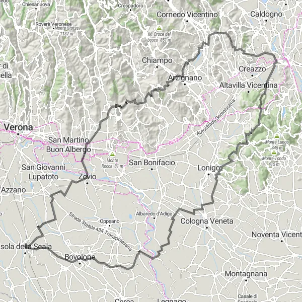 Kartminiatyr av "Monte Cocco - Bovolone Loop" sykkelinspirasjon i Veneto, Italy. Generert av Tarmacs.app sykkelrutoplanlegger