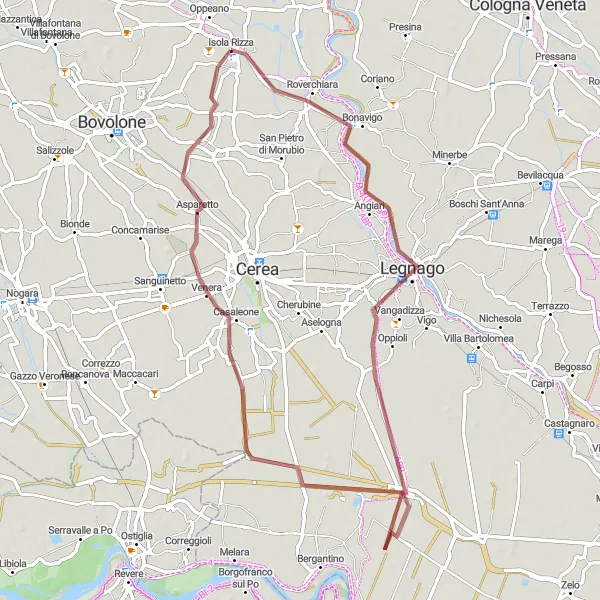 Miniaturní mapa "Gravel Route to Roverchiara" inspirace pro cyklisty v oblasti Veneto, Italy. Vytvořeno pomocí plánovače tras Tarmacs.app