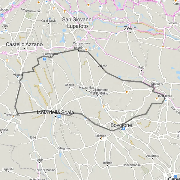 Miniatura della mappa di ispirazione al ciclismo "Giro in bicicletta tra Bovolone e Isola Rizza" nella regione di Veneto, Italy. Generata da Tarmacs.app, pianificatore di rotte ciclistiche