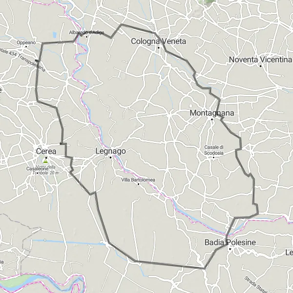 Miniatua del mapa de inspiración ciclista "Viaje en carretera desde Isola Rizza a San Pietro di Morubio" en Veneto, Italy. Generado por Tarmacs.app planificador de rutas ciclistas
