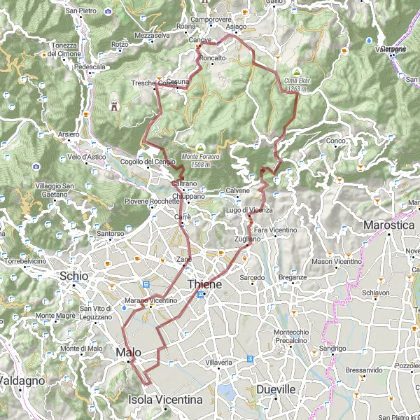 Map miniature of "Gravel Adventure through Montecio and Asiago" cycling inspiration in Veneto, Italy. Generated by Tarmacs.app cycling route planner