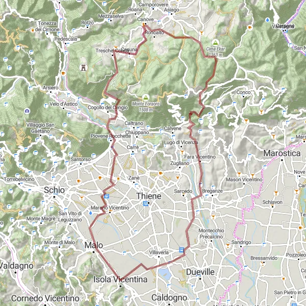 Map miniature of "Gravel Cycling Adventure Through Montecio and Canove" cycling inspiration in Veneto, Italy. Generated by Tarmacs.app cycling route planner