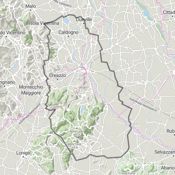 Map miniature of "Road Cycling Adventure to Monticello Conte Otto and Monteviale" cycling inspiration in Veneto, Italy. Generated by Tarmacs.app cycling route planner