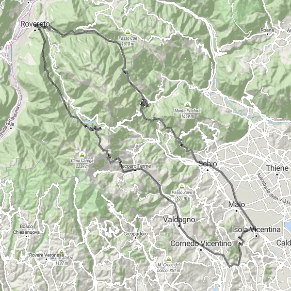 Miniatuurkaart van de fietsinspiratie "Trentino tocht van Valdagno naar Malo" in Veneto, Italy. Gemaakt door de Tarmacs.app fietsrouteplanner