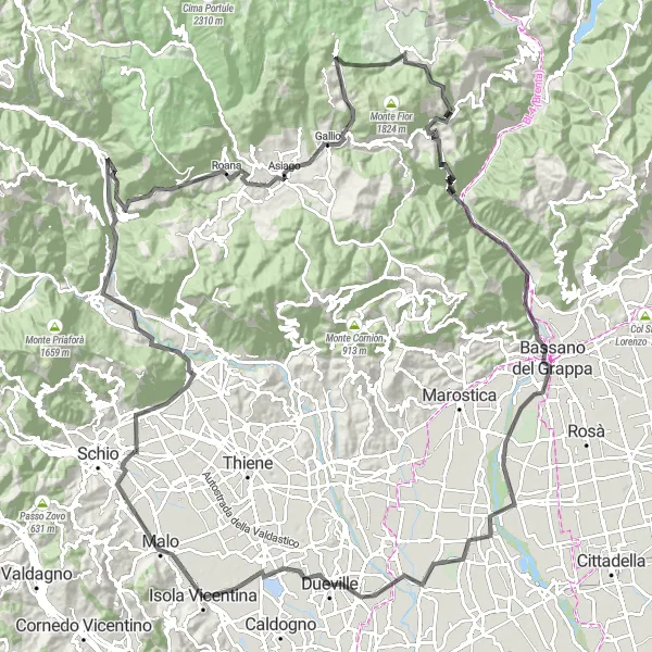 Miniatua del mapa de inspiración ciclista "Ruta de las Montañas de Vicenza" en Veneto, Italy. Generado por Tarmacs.app planificador de rutas ciclistas